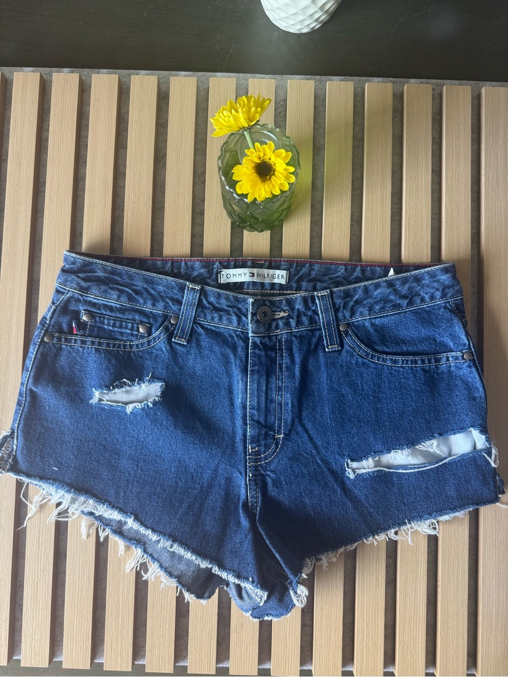 Tommy Hilfiger Navy Blue Distressed Denim Cutoff Shorts